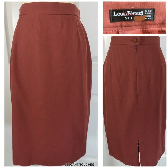 Vintage Louis Feraud Pencil Skirt S / M Wool Red Rust Midi Straight '90s Office - Picture 1 of 9